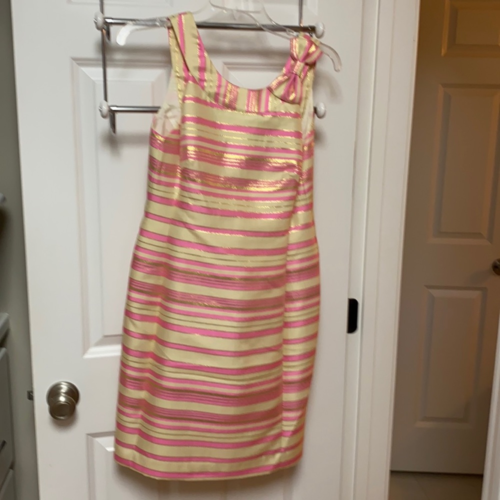Lilly Pulitzer, Candy Striper Bow Shift Dress, Size 8, Pink/cream/gold metallic